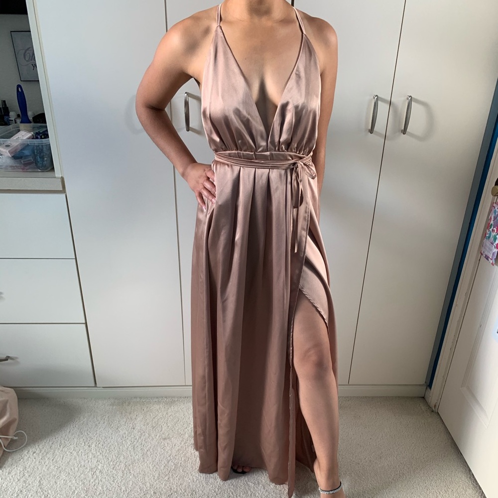 Taupe Satin Maxi Dress